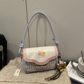 Pink and blue plaid handbag with polka dot flap and cute bear pendant charm - With Pendant / Misty Blue