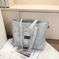 Light gray cotton linen tote bag with double handles and fashion label for commute - Gray