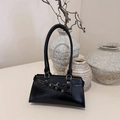 Minimalist black leather underarm bag with silver metal buckles and long handle - Black