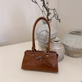 Vintage dark brown faux leather baguette underarm bag with silver metal buckles - Brown