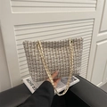 Elegante Tweed Karo-Handtasche mit goldener Kette in Weiß Braun und Grau Tönen - Weiß