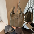 Olive green bucket bag with contrast stitching and adjustable shoulder strap in matte leather - Green