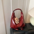 Dark red shiny patent leather Hobo shoulder bag with a cute plush bear charm - With Pendant / Burgundy