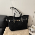 Grand sac cabas rétro en daim noir avec boucle dorée et bandoulières élégantes - Noir