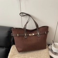Grand sac cabas en daim marron avec garniture en cuir et boucle dorée élégante - Marron