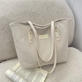 Retro cream white corduroy tote bag with metal rivets and fashion leather label - White