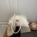Chic cream white semi-circle hobo bag in glossy PU leather with silver logo plate - White