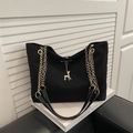 Retro black suede tote bag with golden chain straps and deer charm detail - Black