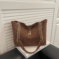 Retro brown suede tote bag with golden chain strap and deer pendant for autumn - Brown