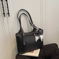 Retro black leather tote bag with white contrast stitching and geometric silk scarf detail - Black