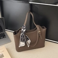 Elegant brown litchi leather tote bag with printed silk scarf and adjustable handle - Brown