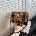 Chic vintage plaid crossbody bag featuring a golden SS buckle and stylish fringe detail - Brown