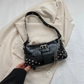 Fashionable black crocodile pattern underarm bag with silver rivets and metal chain - Black