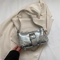 Fashionable bright silver crossbody bag with crocodile texture and metal chain accents - Silver