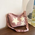 Bolso tote de lona rosa con estrellas de felpa y correa de hombro ajustable - Rosa