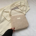 Beige woven straw crossbody tote bag with MS. BOUTIQUE logo and slim leather strap - White