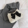 Minimalist white bubble texture shoulder bag with black bow and leather handle - White