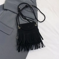 Sac seau chic en daim noir avec franges et bandoulière en corde pour femme élégante - Noir