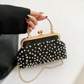 Elegante borsa da sera plissettata nera con accenti di perle bianche e manico dorato - Nero