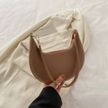 Minimalist coffee brown crescent shoulder bag in matte leather with red interior - Khaki