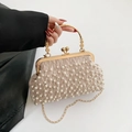 Elegante borsa a mano plissettata champagne con perle e manico in metallo oro - Cachi