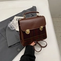 Vintage brown leather handbag with red tartan fabric and dual gold clasps - Red Check