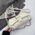 Creamy white pleated texture crossbody bag with silver chain and wide buckle detail - Off White