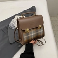 British retro plaid handbag with brown faux leather flap and gold hardware accents - Gray Plaid