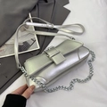 Metallic silver leather underarm bag with square buckle and silver chain strap - Silver