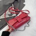 Chic red faux leather underarm bag with silver chain strap and pin buckle detail - Rose Red