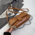 Vintage brown leather shoulder bag with silver buckle and metallic chain strap - Brown