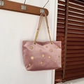 Pink velvet tote bag for women with golden sunflower rivets and metal chain strap - Pink