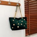 Dark green velvet tote bag with gold star studs and metal chain shoulder strap - Green