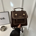 Dark brown PU leather backpack with gold bead trim and circular metal accents - Brown