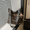 Vintage woven bucket tote bag with bohemian wave pattern and geometric wide strap - Bag Only (Without Charm) / Brown