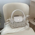 Mini cremefarbene Web-Handtasche mit Blumenstickerei und abnehmbarem Schultergurt - Weiß