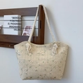 Borsa tote in paglia beige con ricami floreali e manici in corda di cotone morbido - Bianco Sporco