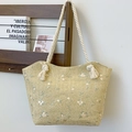 Borsa tote in paglia beige con ricami floreali e manici in corda di cotone e nappe - Cachi