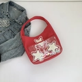 Borsa sottobraccio rossa con tasca trasparente a stelle e pompon colorati decoro - Rosso