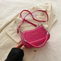 Hot pink faux leather half moon shoulder bag with gold logo and metal chain handle - Rose Pink