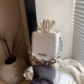 White mini bucket bag with silver chunky chain handle and rich rabbit pattern - White