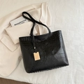 Large capacity black tote bag with glossy crocodile texture and golden metal tag decoration - Black