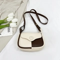 Vintage bicolor saddle bag in beige and brown PU leather with round buckle detail - Off White