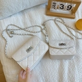 White quilted crossbody bag set with silver chain strap and metal turn-lock closure - Large / Off-white