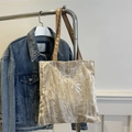 Champagne velvet tote bag with bamboo leaf pattern and brown slim shoulder straps - Khaki