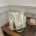 Minimalist tote bag with green bamboo leaf pattern and grey tassel for women's daily use - Bamboo Leaf White