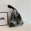 Large capacity tote bag with grey and black geometric patchwork and wide shoulder strap - Black