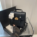 Black PU leather satchel with dog embroidery and cute bear charm on a metal cart - With Pendant / Black