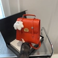 Mini red leather backpack for women with cute bear embroidery and plush charm - With Pendant / Red