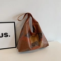 Retro color-block patchwork tote bag in brown synthetic leather with a wide shoulder strap - Brown